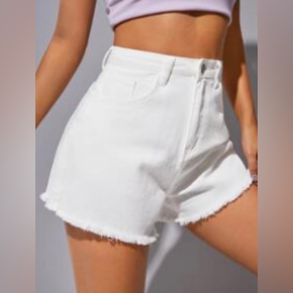 SHEIN High Waist Raw Hem Denim Shorts, White, Size 27, NWOT
